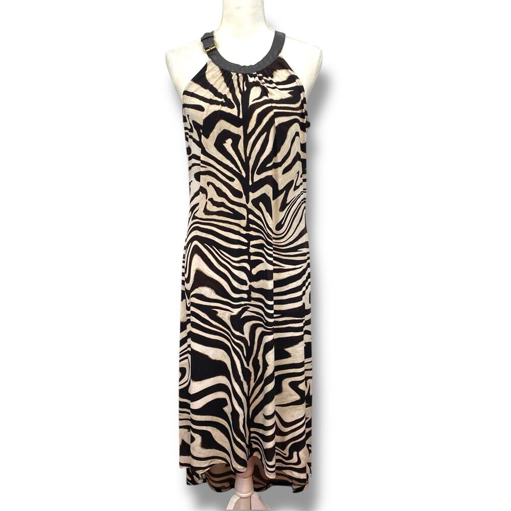 Y2K Brown Zebra Print Flowy Leather Buckle Halter Neck Maxi Dress
